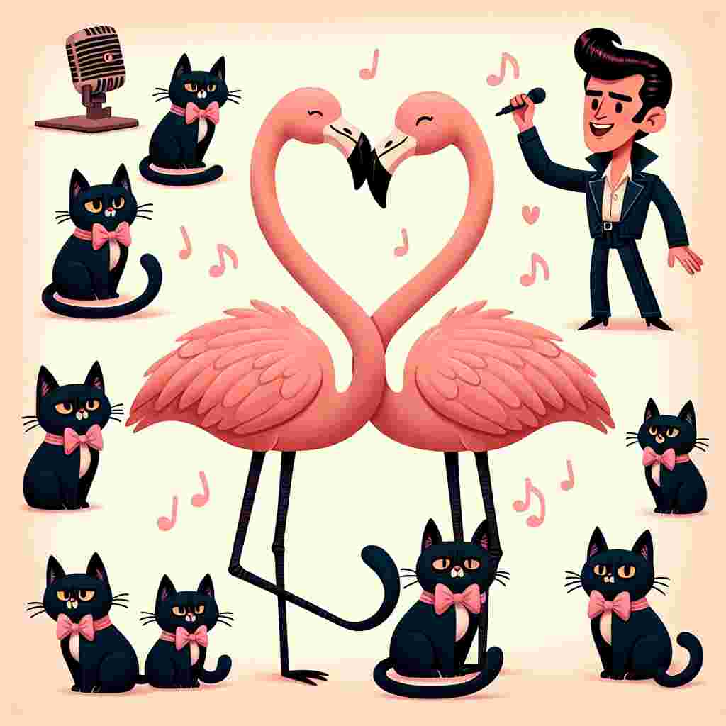 Create a whimsical Valentine's Day illustration with a duo of flamingos bending their necks to form a heart shape, surrounded by several charming black cats wearing pink bows. Instead of an actual figure in the background, let's just include a cartoon character with a singer's outfit, brown slicked-back hair rocking out a love song encapsulating the endearing yet eccentric scene.
Generated with these themes: Flamingos , Black cats, and Rick astley.
Made with ❤️ by AI.