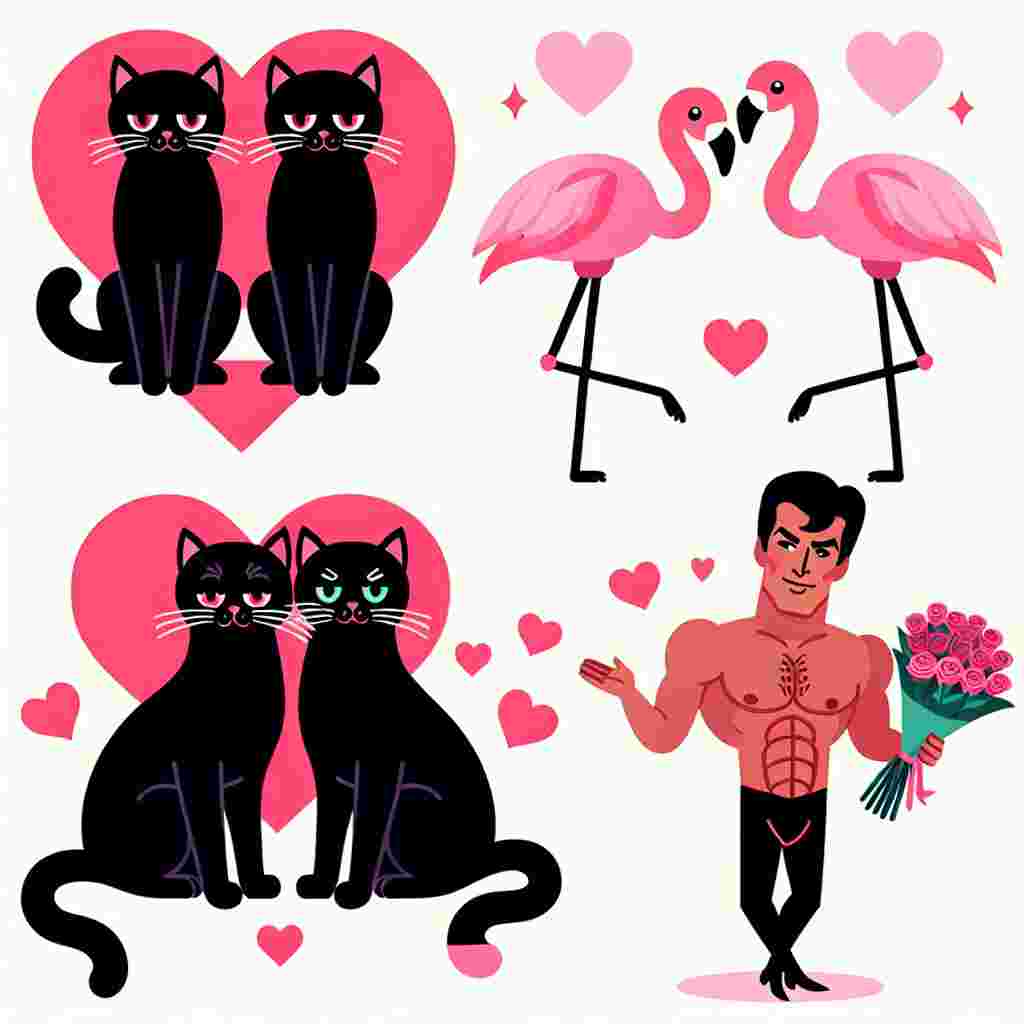An endearing Valentine's day scene with two black cats sitting side by side, their tails intertwined to form a heart shape. A couple of pink flamingos stand modestly in the background, one gently nuzzling the other. In one corner, a generic cartoon male figure with a similar physique as a popular singer, holding a bouquet of roses and giving a cheeky wink.
Generated with these themes: Flamingos , Black cats, and Rick astley.
Made with ❤️ by AI.