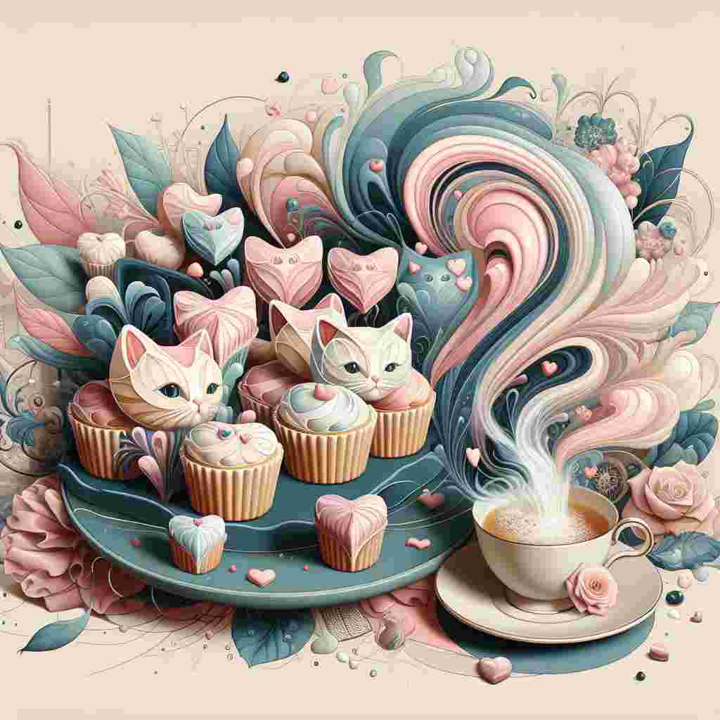 Create a delightful Valentine's Day-themed abstract design that embodies the essence of a cozy afternoon. At the center, imagine a collection of small, whimsically decorated cat-shaped cakes, each detailed with pastel icing and tiny heart sprinkles. Nearby, a dainty cup of tea releases a curling upward draft of steam that infuses the air with a relaxing feeling, suggesting a perfect nap. Surround this centerpiece with a surrounding environment influenced by elegant, luxurious and traditional interior design, reminiscent of a fine quality home decor giving a feel reminiscent of the Marylebone neighborhood in London.
Generated with these themes: Cat small cakes  cup of tea nap, John Lewis , and Marylebone .
Made with ❤️ by AI.