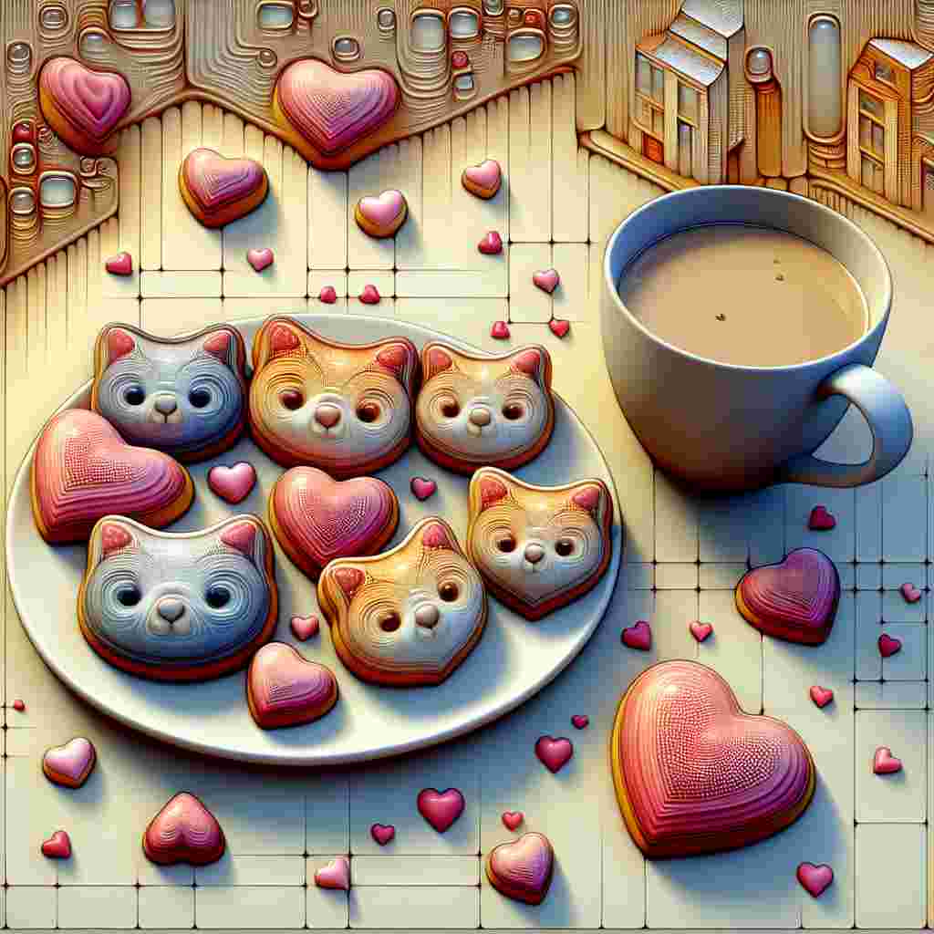 Generate an abstract illustration for Valentine's Day radiating charm and warmth. The main element is small pastries designed to look like lovable cats, adorned with icing in tones of pink and red, complemented by numerous miniature hearts. Beside the pastries is a mug of hot tea, offering a chance for peaceful relaxation. The ambiance replicates a calming and private section of a luxurious homeware store, with a design and architectural influence of a timeless classic neighborhood subtly incorporated into the backdrop, providing a tranquil invitation to relax and indulge.
Generated with these themes: Cat small cakes  cup of tea nap, John Lewis , and Marylebone .
Made with ❤️ by AI.