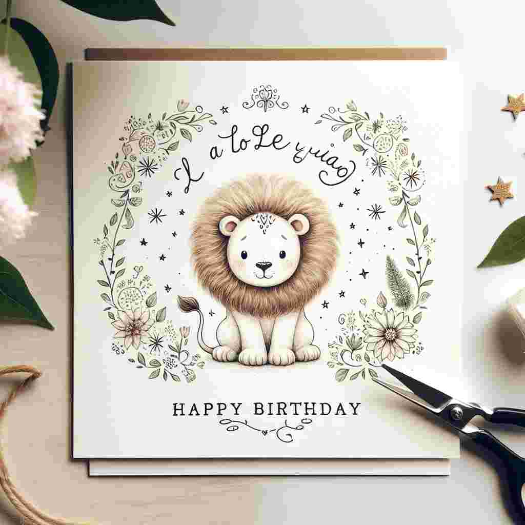 On this heartwarming birthday card, a whimsical lion with a fluffy mane is surrounded by a circle of dainty flowers and stars representative of the Leo zodiac. The centerpiece of the scene is the greeting 'Happy Birthday' in elegant, cursive script.
Generated with these themes: Leo Birthday Cards.
Made with ❤️ by AI.