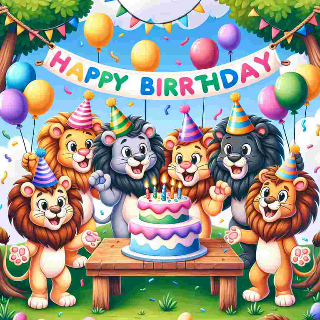 The Leo birthday card presents a fun-filled illustration of a group of lion friends celebrating with a birthday cake. They stand under a banner strung between two trees that reads 'Happy Birthday,' while balloons float around, adding to the joyful atmosphere.
Generated with these themes: Leo Birthday Cards.
Made with ❤️ by AI.