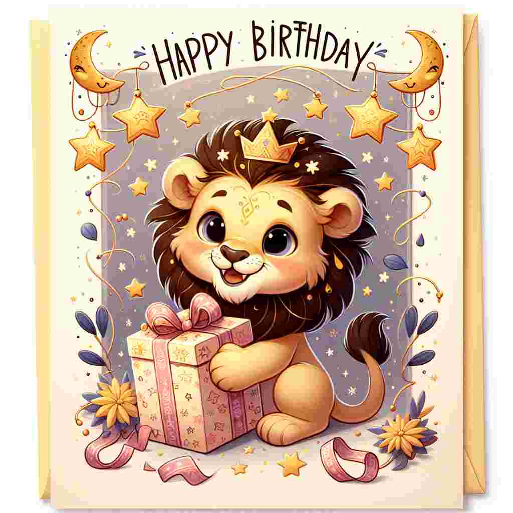 The charming illustration on the Leo birthday card showcases a cute lion cub with a sweet smile, holding a gift wrapped in star-patterned paper. The scene is framed by a garland of cartoonish stars and moons, and 'Happy Birthday' is cheerfully inscribed at the top.
Generated with these themes: Leo Birthday Cards.
Made with ❤️ by AI.