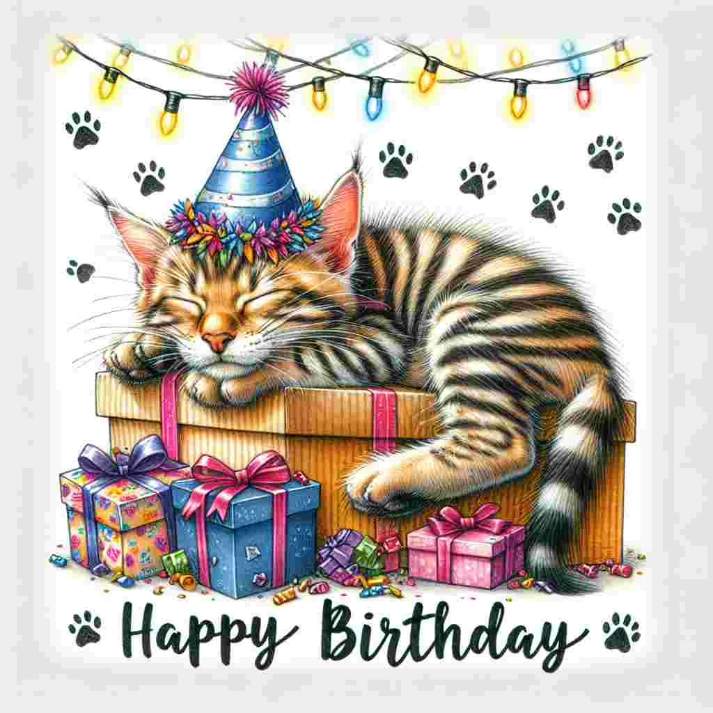 A vibrant birthday card captures a Toyger kitten napping on a pile of presents, with a birthday hat slightly askew. Around the slumbering kitten, the message 'Happy Birthday' is intertwined with strings of lights and tiny paw prints.
Generated with these themes: Toyger Birthday Cards.
Made with ❤️ by AI.