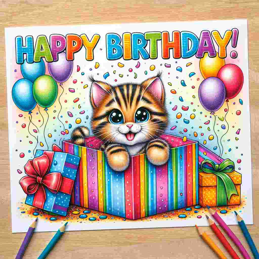 A cheerful birthday card featuring a playful Toyger kitten popping out of a colorful gift box with balloons and confetti in the background. The words 'Happy Birthday' are written in bold, festive letters above the scene.
Generated with these themes: Toyger Birthday Cards.
Made with ❤️ by AI.