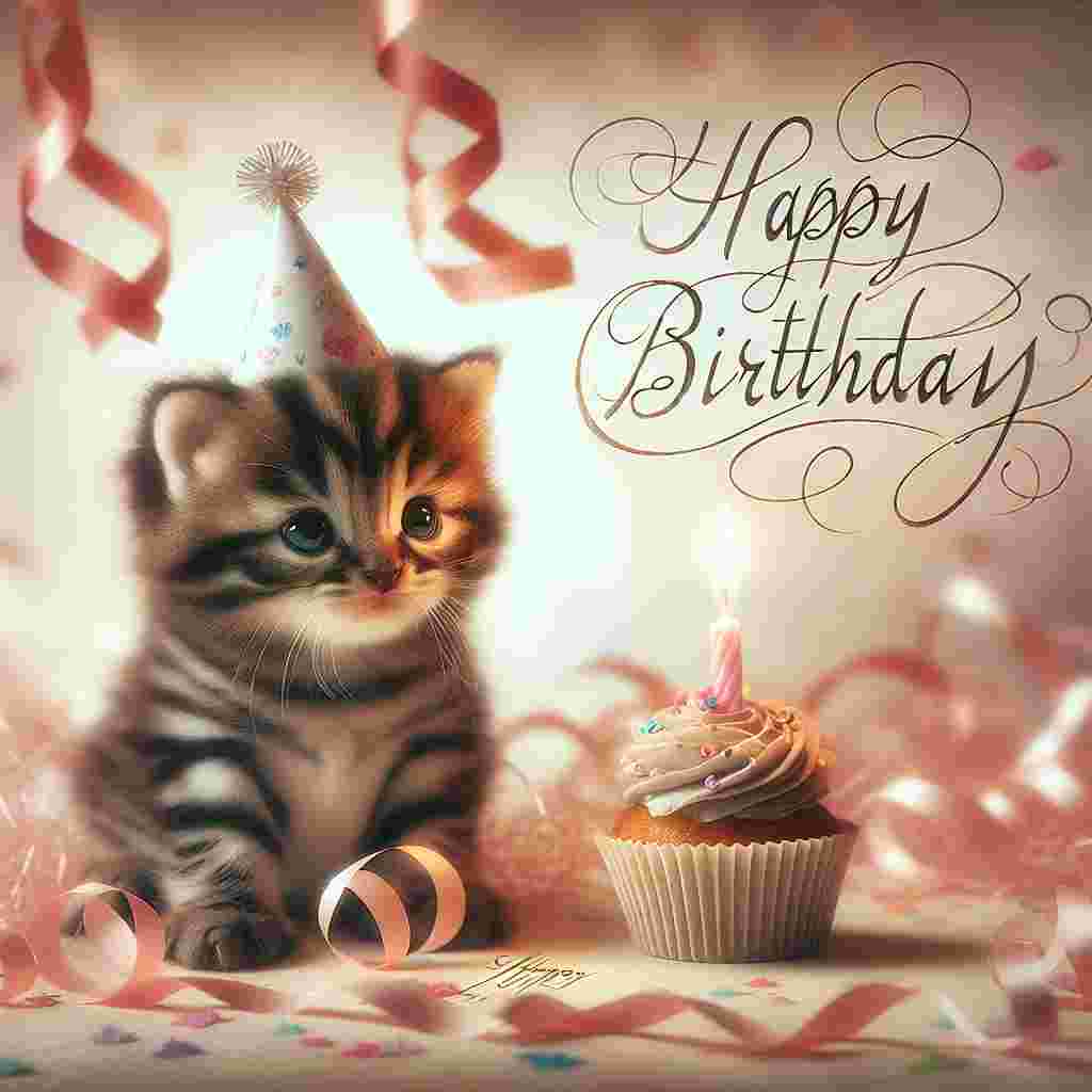 A heartwarming birthday card depicts a cuddly Toyger kitten wearing a party hat, sitting beside a cupcake with a single candle. Softly colored streamers fall gently around, with 'Happy Birthday' inscribed in loopy cursive to the side.
Generated with these themes: Toyger Birthday Cards.
Made with ❤️ by AI.