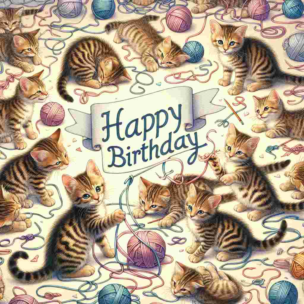 An adorable scene on a birthday card showcases a group of Toyger kittens playing with ribbons and yarn. In the midst of their fun, a banner with the text 'Happy Birthday' stretches across the top corner, adding a celebratory touch.
Generated with these themes: Toyger Birthday Cards.
Made with ❤️ by AI.