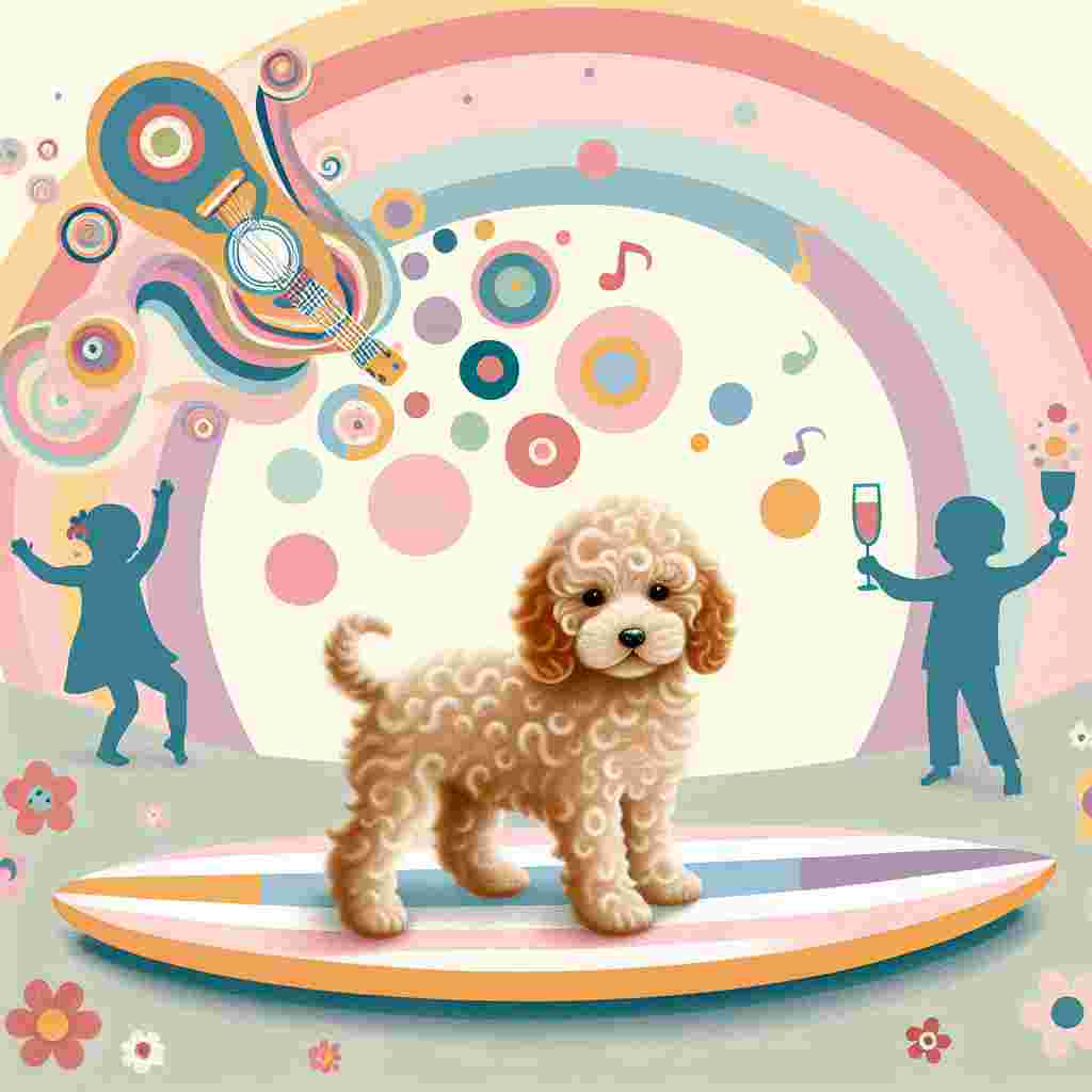 Visualize a joyful illustration featuring a gentle Cockapoo designed with soft and rounded shapes to emanate a warm, welcoming mood, suitable for a newborn's celebration. This lovable dog stands on a multicolored surfboard, calmly floating on an ocean designed in pastel colors. Above the surfboard, whimsical patterns and figures converge to create a mirthful acoustic guitar, symbolizing lullabies for fresh starts. In the backdrop, a silhouetted South Asian toddler exuberantly plays with a flurry of jubilant bubbles, representing the purity and awe of early youth. To round off this charming scene, faint hints of wine glasses are raised in celebration to the parents, drawn in gentle hues to express the party atmosphere, while still maintaining the piece's kid-friendly notion.
Generated with these themes: Cockerpoo, Paddleboard, Guitar, Toddler, and Wine.
Made with ❤️ by AI.