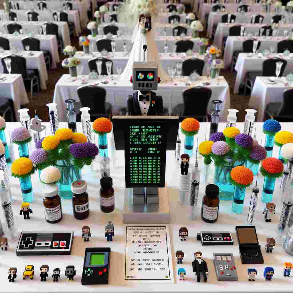 Generate an image of a unique abstract-themed wedding taking place. Centered in the scene is a quirky, creatively designed robot officiant conducting the ceremony, its heartwarming speech containing nerdy love algorithms. The tables surrounding the ceremony are decorated with unique centerpieces composed of miniature flowers made from syringes and pill bottle vases, symbolically referencing the world of medicine. Each table carries a distinct touch of a custom 8-bit game character card indicating the seating arrangement. Spread across the venue, various console and board games are present, inviting the guests to engage in them, resulting in a playful and eccentric celebration of love filled with laughter and enjoyment.
Generated with these themes: Robot, Medicine, and Games.
Made with ❤️ by AI.