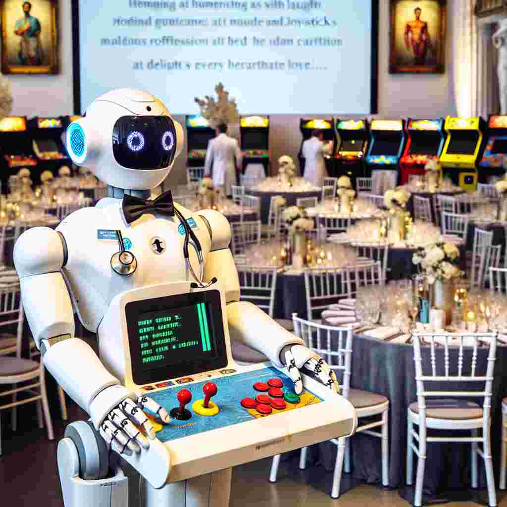 An abstract wedding venue humming with laughter echoes at each step. A humanoid robot, decked out in a bow tie, stands at the front, regaling the guests with amusing tales and medical facts, embodying the couple's profession in the healthcare field. Classic arcade games have been repurposed as interactive table stations. Joysticks serve as quirky centerpieces and game cartridges as unconventional name holders, urging guests to indulge in friendly competition amidst the celebration of love. This unique blend of modern technology, healthcare, and retro gaming encapsulates an extraordinary environment that delights every attendee.
Generated with these themes: Robot, Medicine, and Games.
Made with ❤️ by AI.