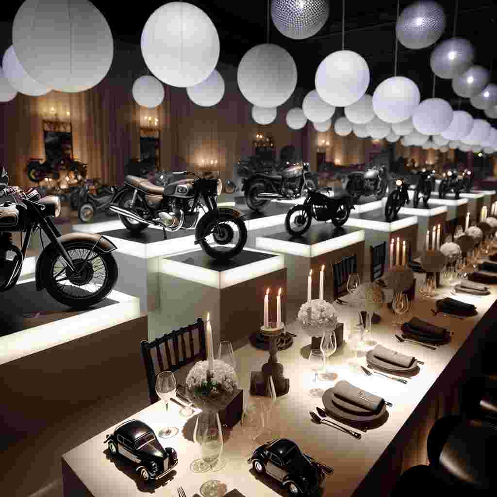 Imagine a birthday venue subtly and tastefully decorated, influenced heavily by the charm of cars and motorcycles. Soft, strategic lighting casts an ambient glow over full-sized motorcycle replicas situated along the room's edges. Each event table showcases understated, monochrome centerpieces featuring miniature car and motorbike models, providing a tactile connection to the celebrant's passion. The environment radiates calm and serenity, as though paying homage to the elegance of vintage vehicles and the allure of the open road, all manifested in an adult-oriented birthday celebration.
Generated with these themes: Cars, and Bikes.
Made with ❤️ by AI.