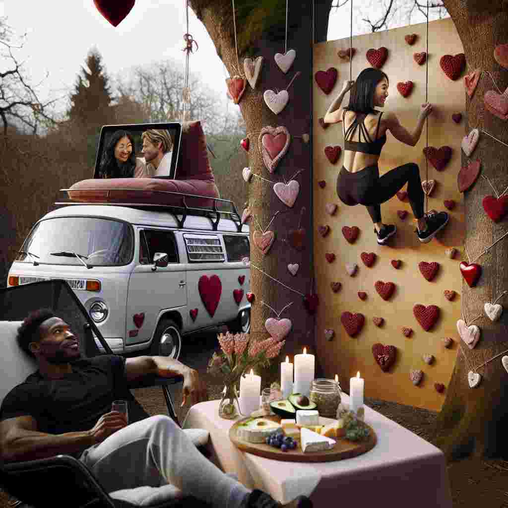 In a romantic setting, an East Asian woman and a Black man display their love for each other as they exhibit their athleticism while climbing a wall decorated with heart motifs and soft grips. They often pause to gaze into each other's eyes, express their shared passion for physical activity through their resolute strides. During a break, they recline on gravity chairs, nibbling on a heart-shaped plate loaded with a selection of cheeses and creamy avocado slices. A classic VW Transporter with Valentine's Day decorations parked nearby serves as the perfect adventure vehicle. Suspended between two trees, a flat-screen TV displays romantic comedies. The atmosphere is further enriched by the sound of relationship-focused podcasts playing softly from a Bluetooth speaker, providing a wholesome ambiance for their unique outdoor Valentine's Day getaway.
Generated with these themes: Climbing , Running, Cheese, Avocado , TV , VW Transporter, and Podcasts.
Made with ❤️ by AI.