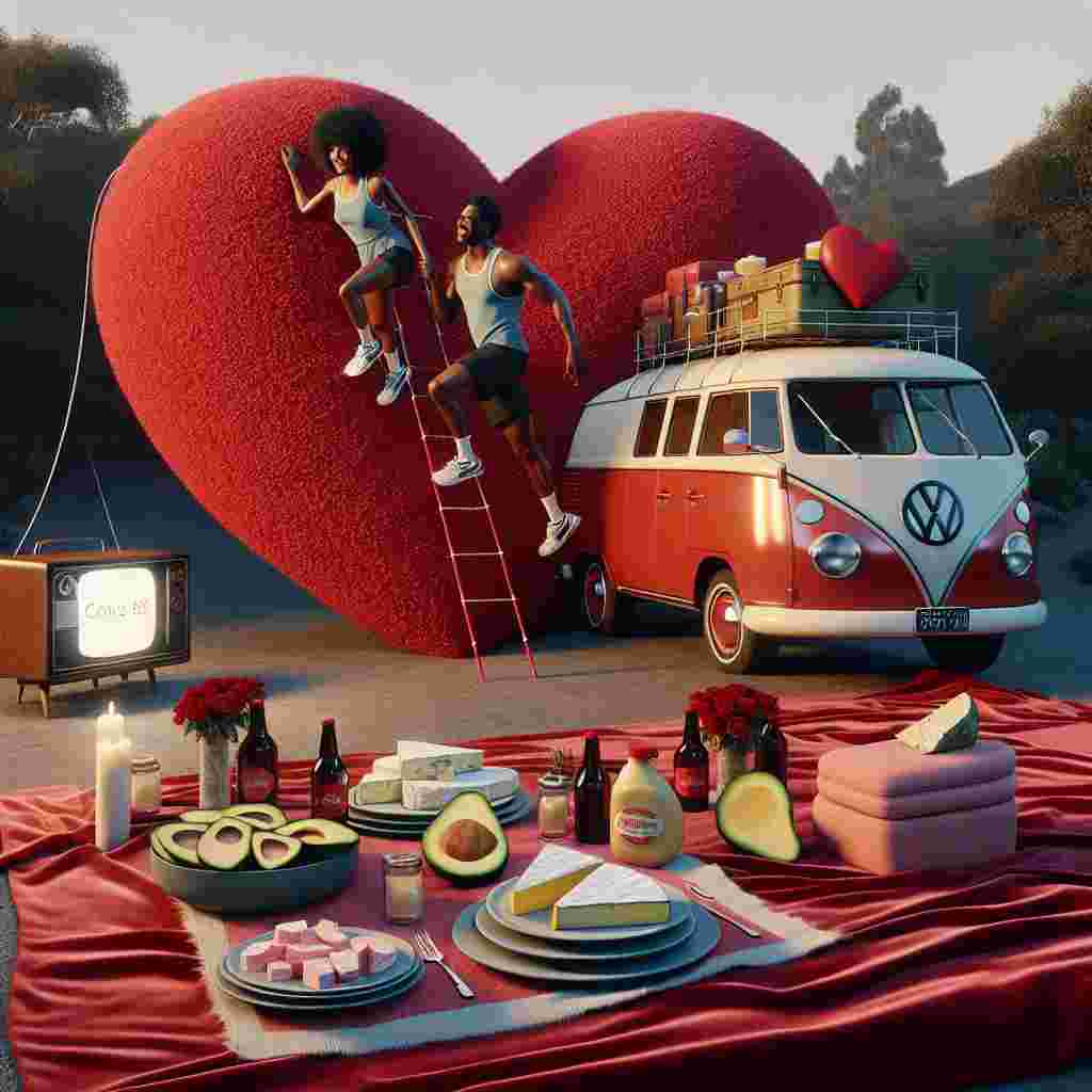 Visualize a cozy Valentine's Day scene, showing an endearing couple with a South Asian man and Black woman, in a realistic animation style, scaling an enormous heart-shaped rock. The platform they tread upon resembles a plush red fabric, mimicking a bed of rose petals. The couple's attire reflects their love for athletics, emphasizing their interest in running. Not far from them, a picnic is ready, displayed with an assortment of cheeses from goudre to camembert, alongside neatly sliced ripe avocado on a heart-formed plate. In the scene, a retro VW Transporter is stationed, its side exhibiting a custom paint job of hearts and romantic symbols. The radio within the van subtly emit soothing broadcasts based around love and partnership. Above the vehicle, a large outdoor television broadcasts a romantic film, contributing to the atmospheric warmth with its inviting light.
Generated with these themes: Climbing , Running, Cheese, Avocado , TV , VW Transporter, and Podcasts.
Made with ❤️ by AI.