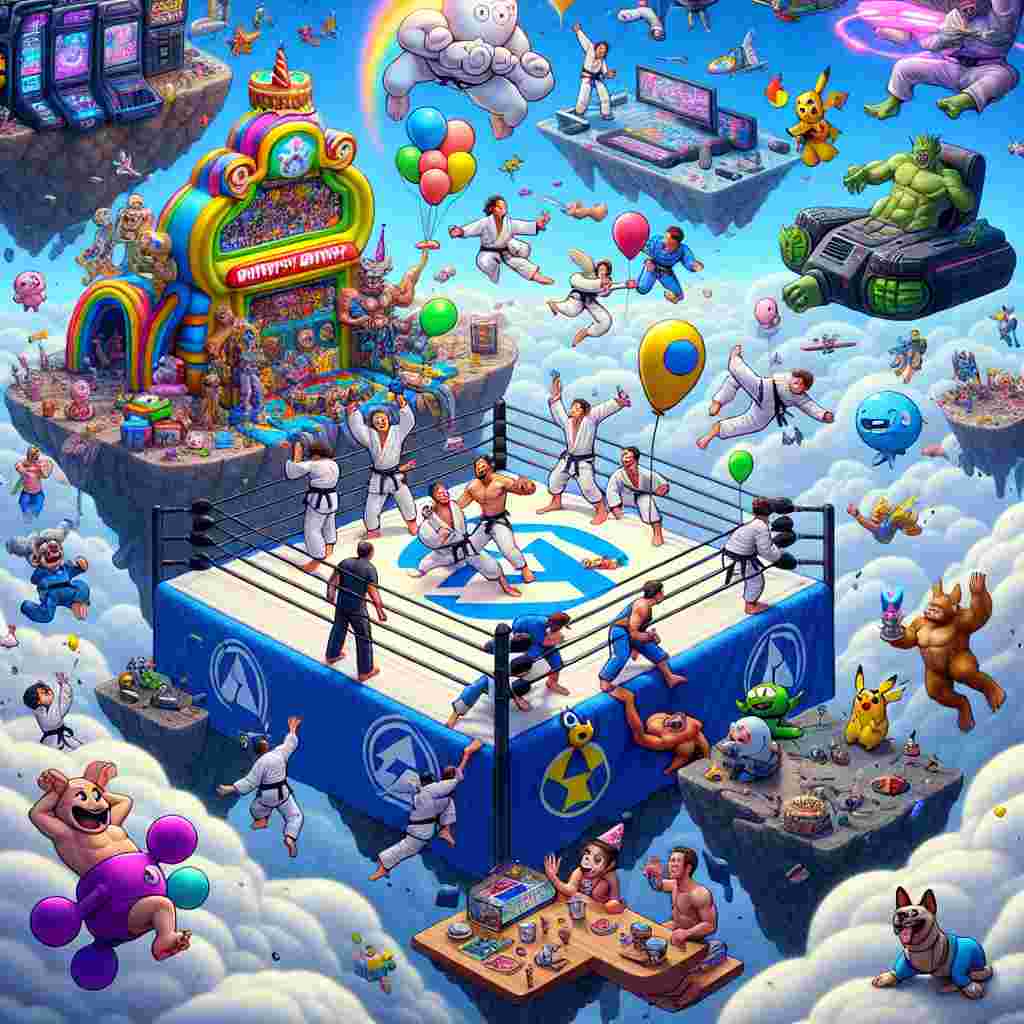 A fantastical birthday scene unfolds in a dreamscape where the laws of physics are toyed with. In the center, a whimsically exaggerated jiu jitsu dojo floats on a cloud with exaggerated cartoon characters playfully engaged in arm bars. Surrounding the dojo are floating terrains, one hosting a zany battle arena with colorfully festooned mythical beasts and supply drops. Another terrain features an oversized gaming machine such large that characters can bounce on the buttons like trampolines. Happy dogs in superhero attire fly through the sky with emblems of famous comic book companies, while blue-hued alien beings interact with characters from stylized animation genres, all gathered for an absurd birthday fest in this peculiar, crossover cosmos.
Generated with these themes: Jiu jitsu, Arm Bar, Fortnite, Xbox, Dogs, Marvel, Avatar, and Anime.
Made with ❤️ by AI.