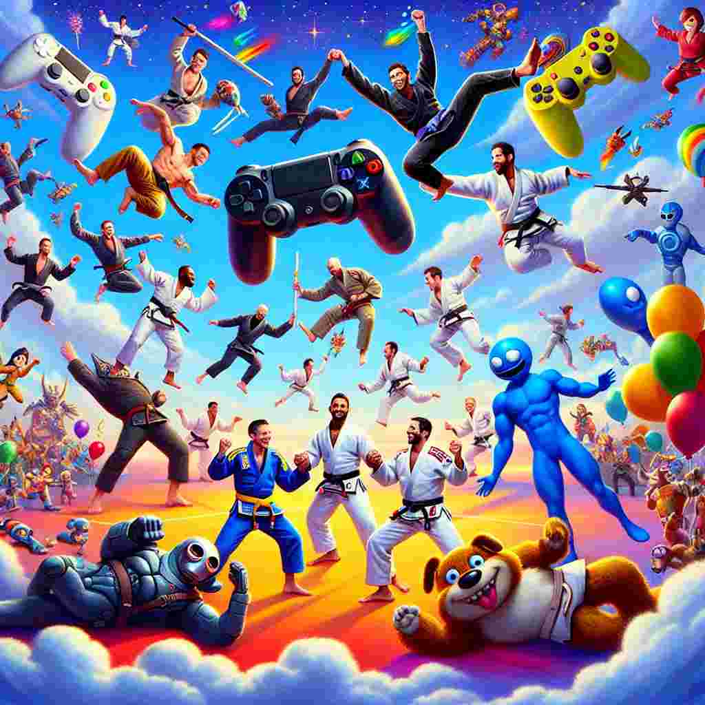 Envision a whimsical birthday alternate universe where masters of jiu jitsu, both male and female, of various descents like Caucasian, Hispanic, Black, Middle-Eastern, South Asian, perform arm bars on gigantic floating game controllers, all suspended in a dynamic, vibrant sky inspired by popular battle royale video games. Animated dogs with playful expressions dart around wearing modified superhero costumes, while tall blue humanoids and assorted cartoonish characters from popular animation cultures cheer in an exuberant celebration. Colorful balloons fashioned in the likeness of popular platform gaming symbols meander between scenes of epic martial arts showdowns and spirited video game combats. The spectacular dreamscape brims with a mixture of actuality and imagination, combining all these elements to create a surreal yet joyful birthday extravaganza.
Generated with these themes: Jiu jitsu, Arm Bar, Fortnite, Xbox, Dogs, Marvel, Avatar, and Anime.
Made with ❤️ by AI.
