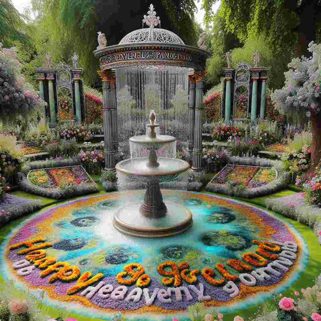 A timeless garden setting featuring a central, ornate fountain. Water gently cascades, catching the sunlight. Surrounding the fountain are beds of multi-coloured flowers, and within these blooms, 'Happy Heavenly Grandad' is spelled out using contrasting petals. Overhead, a banner with 'Happy Birthday' is strung between two ancient trees, completing this enchanted celebration scene.
Generated with these themes: happy heavenly  grandad.
Made with ❤️ by AI.