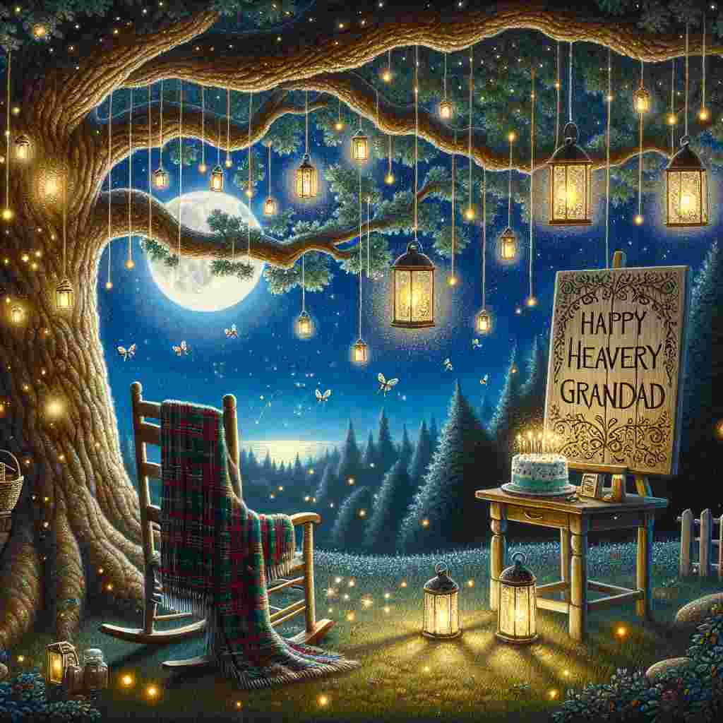 A moonlit sky adorned with twinkling stars serves as the backdrop for a cozy nightscape. Lanterns hang from the branches of a wise old oak tree. Beneath its boughs, a serene rocking chair with a tartan throw draped over it, a side table with a birthday cake that reads 'Happy Heavenly Grandad,' and 'Happy Birthday' elegantly scribed on a hanging wooden sign, all surrounded by encircling fireflies.
Generated with these themes: happy heavenly  grandad.
Made with ❤️ by AI.