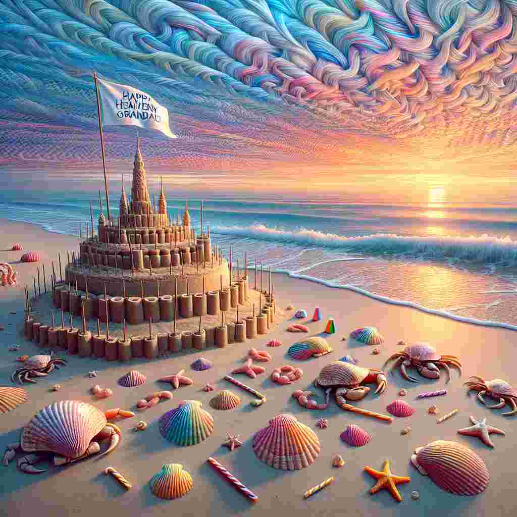 A beach scene at sunset with pastel hues painting the horizon. The celebration is dedicated to 'Happy Heavenly Grandad,' spelled out in seashells along the shoreline. A sandcastle nearby sports a fluttering flag that says 'Happy Birthday,' and playful sea creatures wear party hats and blow on noisemakers, adding to the festive marine theme.
Generated with these themes: happy heavenly  grandad.
Made with ❤️ by AI.