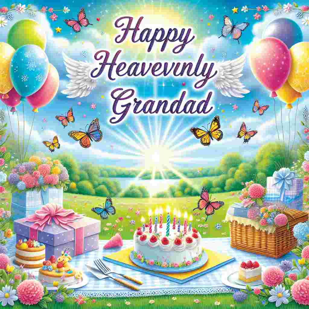A vibrant birthday card displays a sun-kissed sky above a serene meadow. Balloons and a birthday banner float gently in the breeze. Below the banner, the words 'Happy Heavenly Grandad' are written in elegant, script font. In the foreground, a picnic scene with a cake and gifts sets the stage for the 'Happy Birthday' text surrounded by playful butterflies and flowers.
Generated with these themes: happy heavenly  grandad.
Made with ❤️ by AI.