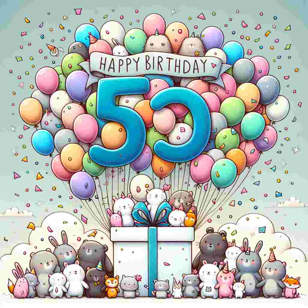A whimsical drawing featuring a festive balloon bouquet in the shape of the number '35', floating amidst a sky filled with confetti. Below, a variety of cute cartoon animals gather around a large gift box with the greeting 'Happy Birthday' playfully inscribed on the side.
Generated with these themes: 35th  .
Made with ❤️ by AI.