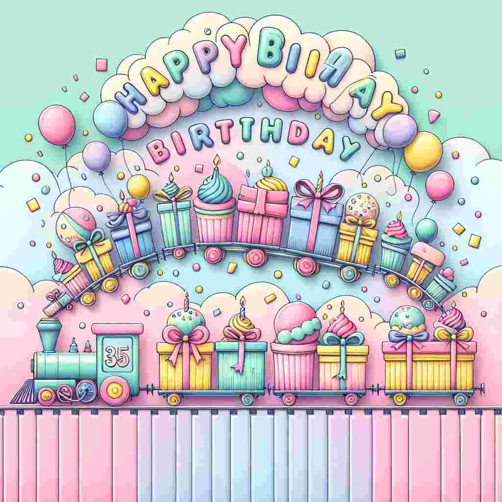 A vibrant illustration showing a pastel-colored train chugging along a track with cars that form the number '35'. Each train car is filled with different party elements like presents, balloons, and cupcakes. In the sky above, clouds spell out the phrase 'Happy Birthday'.
Generated with these themes: 35th  .
Made with ❤️ by AI.