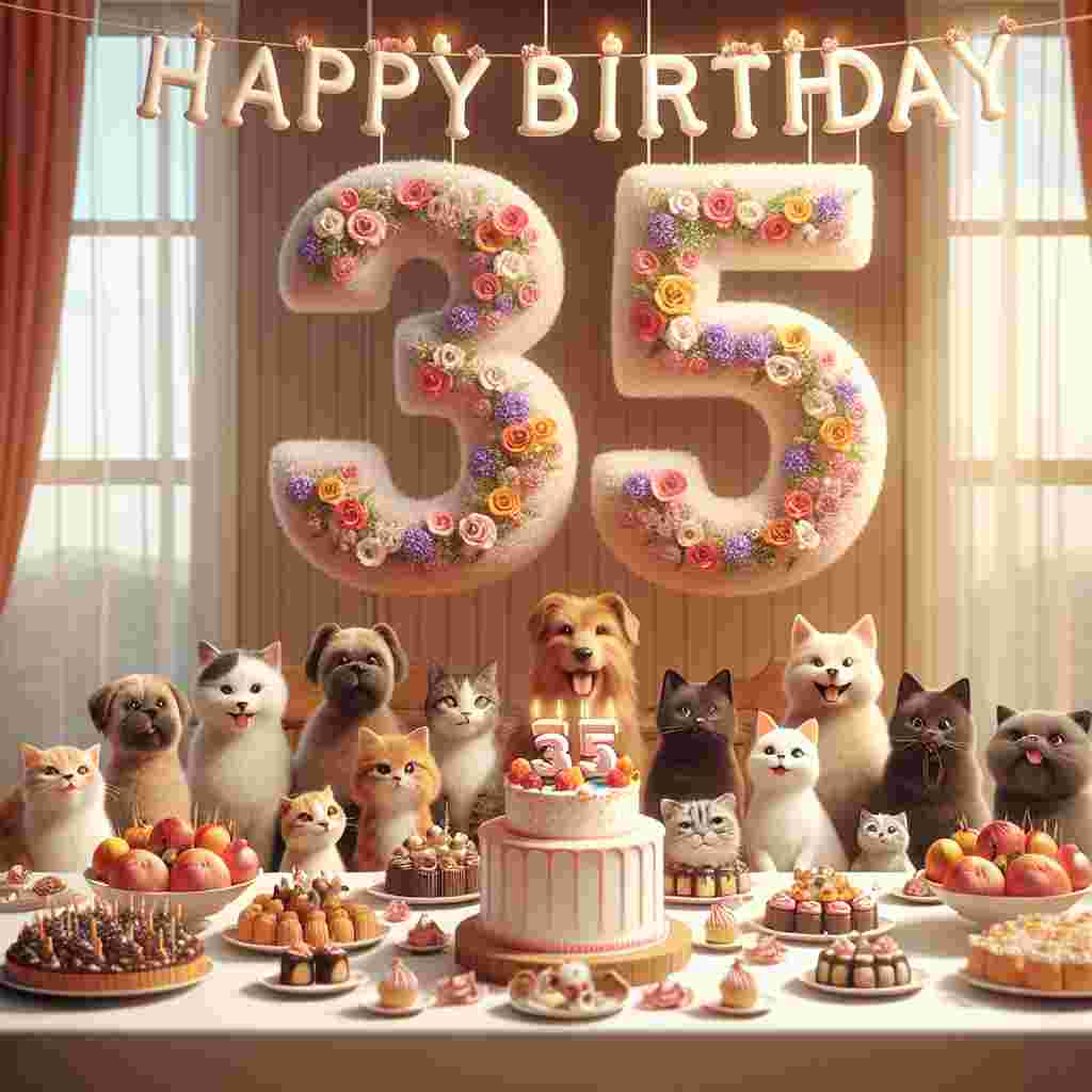 A cozy scene with a group of adorable cats and dogs celebrating at a birthday party. A large '35' made of flowers is the centerpiece, with 'Happy Birthday' spelled out in hanging letters above a table laden with treats and a small, cute cake.
Generated with these themes: 35th  .
Made with ❤️ by AI.
