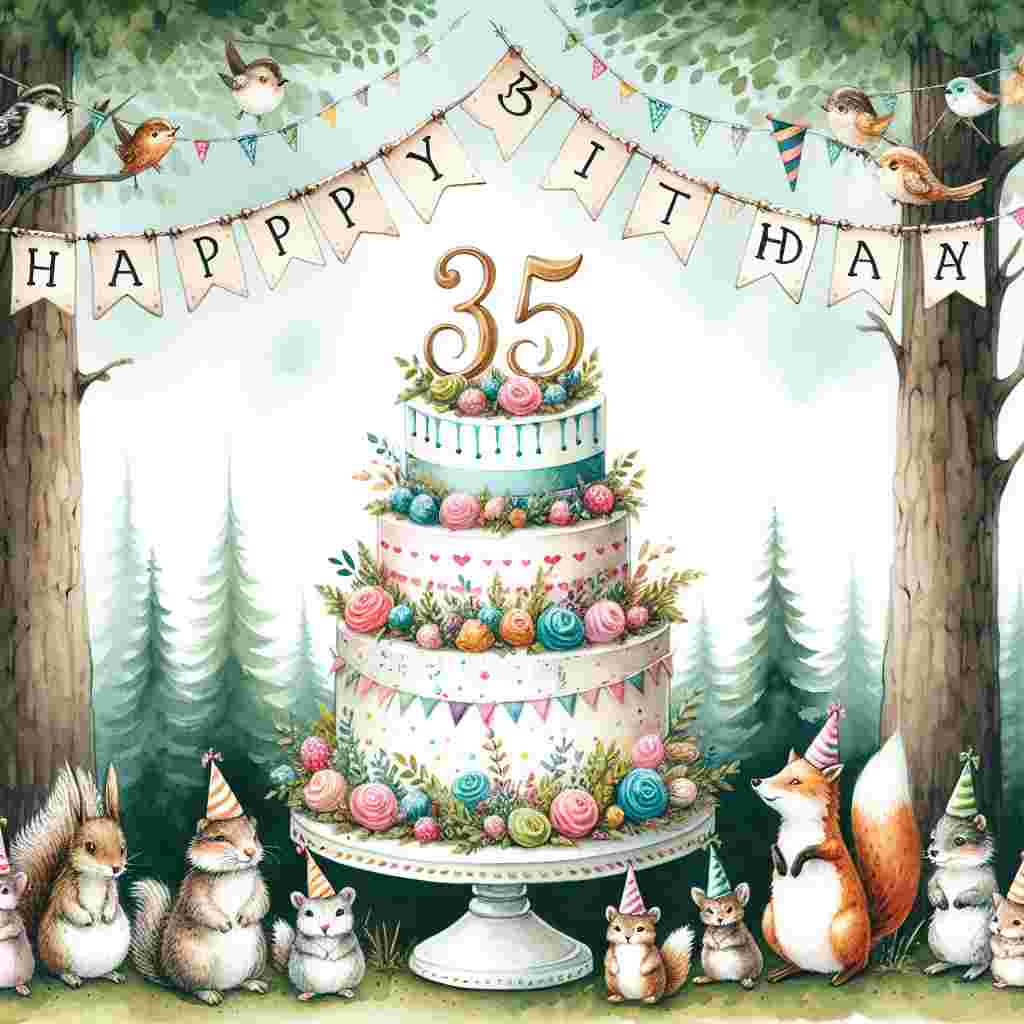 A charming watercolor illustration of a three-layer cake adorned with the number '35' on the top tier, surrounded by a cheerful group of woodland animals wearing party hats. Above them, 'Happy Birthday' is written in elegant cursive letters hanging between two trees as a banner.
Generated with these themes: 35th  .
Made with ❤️ by AI.