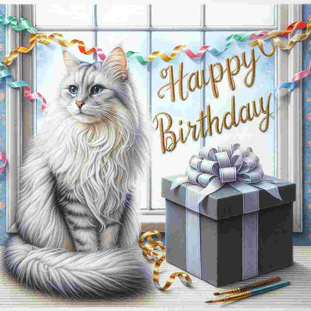The birthday card features a serene Turkish Angora cat, its fur detailed with soft strokes, sitting beside a window with party streamers. A birthday present tied with a bow sits nearby, and the gentle script 'Happy Birthday' is etched on the windowsill.
Generated with these themes: Turkish Angora Birthday Cards.
Made with ❤️ by AI.