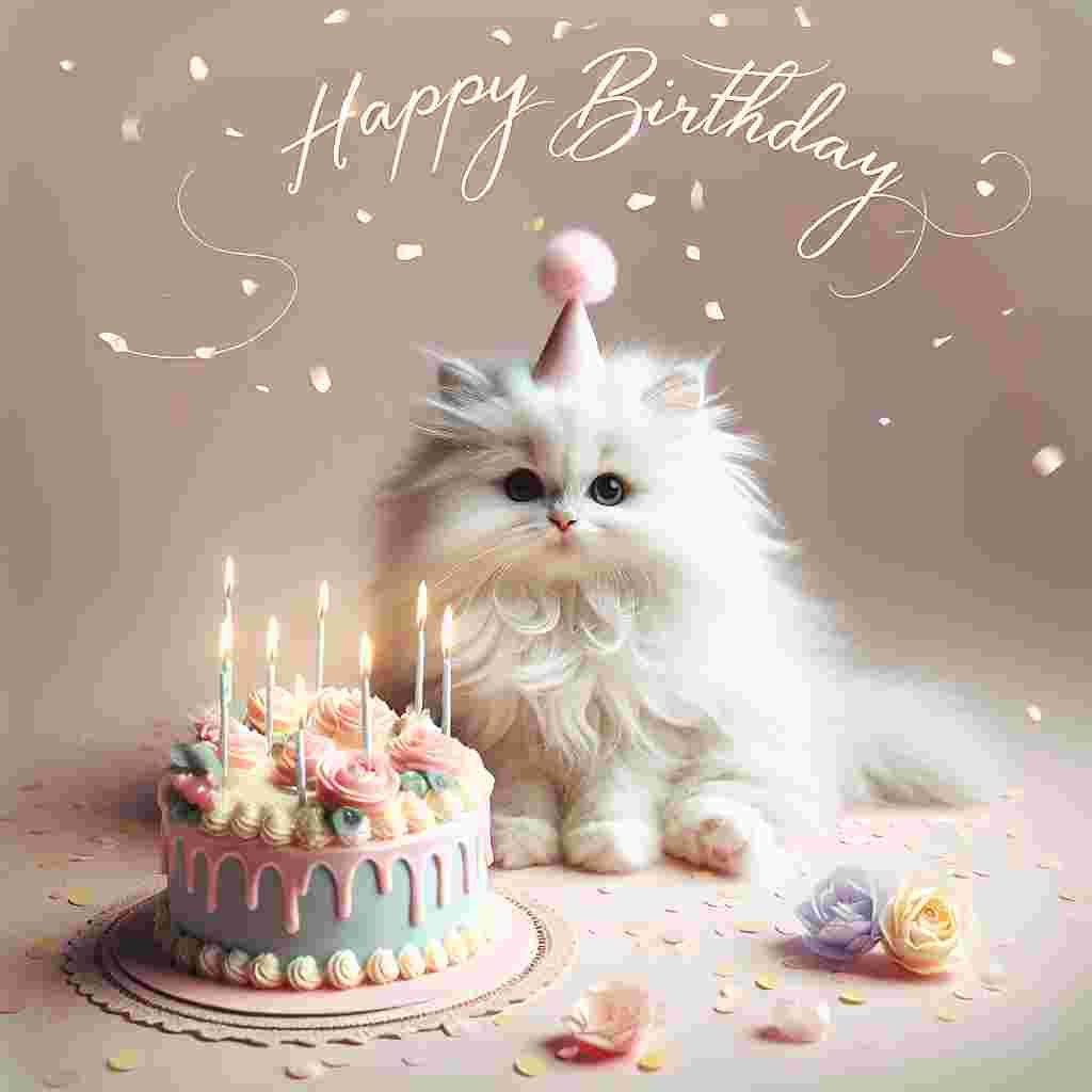 A whimsical card showcases a fluffy white Turkish Angora wearing a tiny party hat, perched atop a pastel-colored birthday cake bedecked with candles. Softly falling confetti complements the scene, with the words 'Happy Birthday' in elegant cursive floating above.
Generated with these themes: Turkish Angora Birthday Cards.
Made with ❤️ by AI.