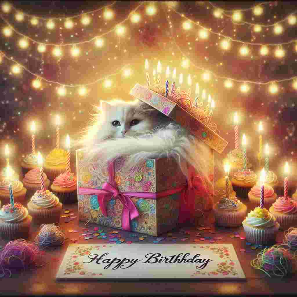 An endearing scene on the card depicts a Turkish Angora curled up in a festive gift box, surrounded by cupcakes with a single lit candle on each. Twinkling lights in the background cast a warm glow, and 'Happy Birthday' is inscribed in the upper corner in a playful font.
Generated with these themes: Turkish Angora Birthday Cards.
Made with ❤️ by AI.