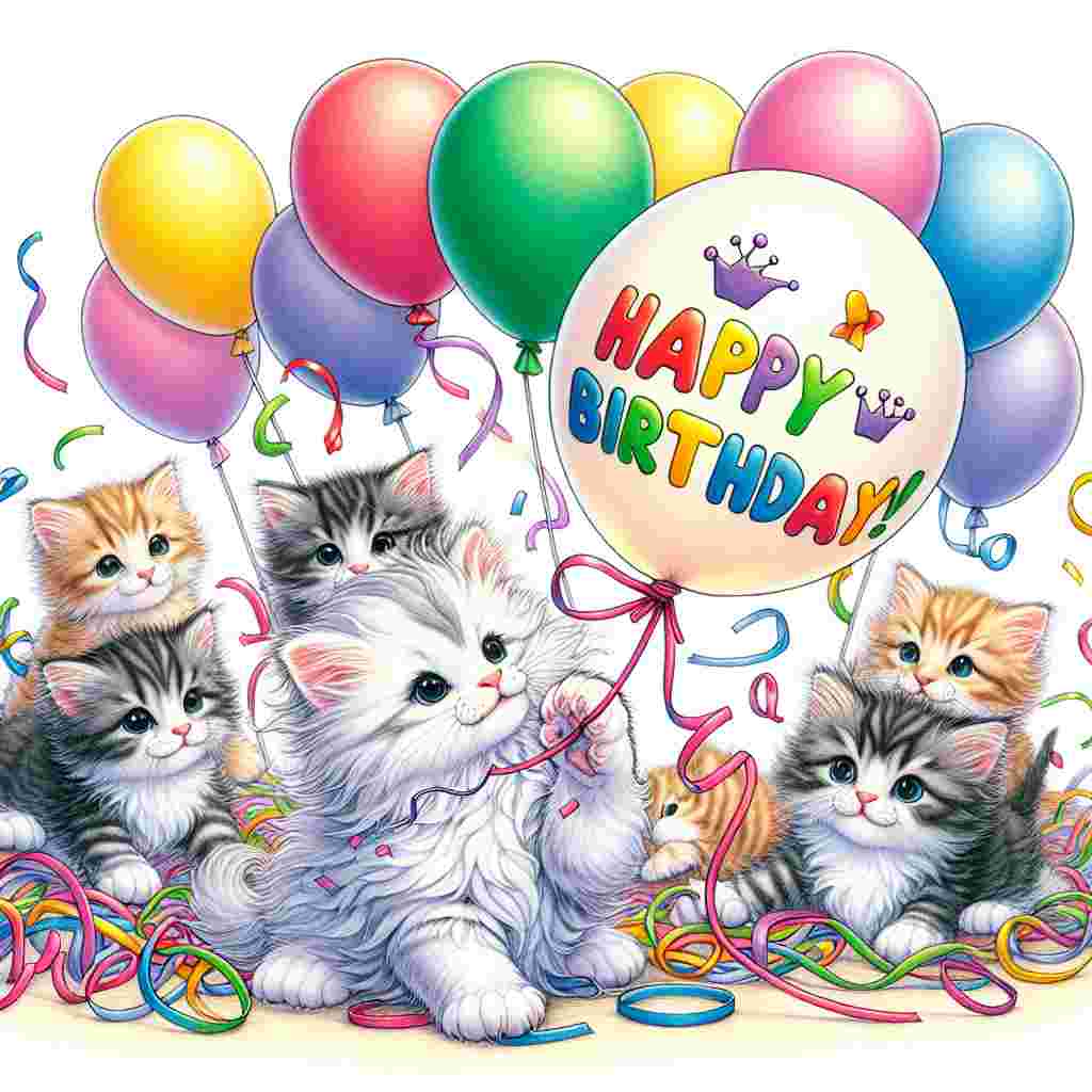 An adorable illustration on the card portrays a cluster of playful Turkish Angora kittens tangled amidst colorful ribbons and balloons. One kitten bats at the string of a balloon that reads 'Happy Birthday' in cheerful, bold letters.
Generated with these themes: Turkish Angora Birthday Cards.
Made with ❤️ by AI.