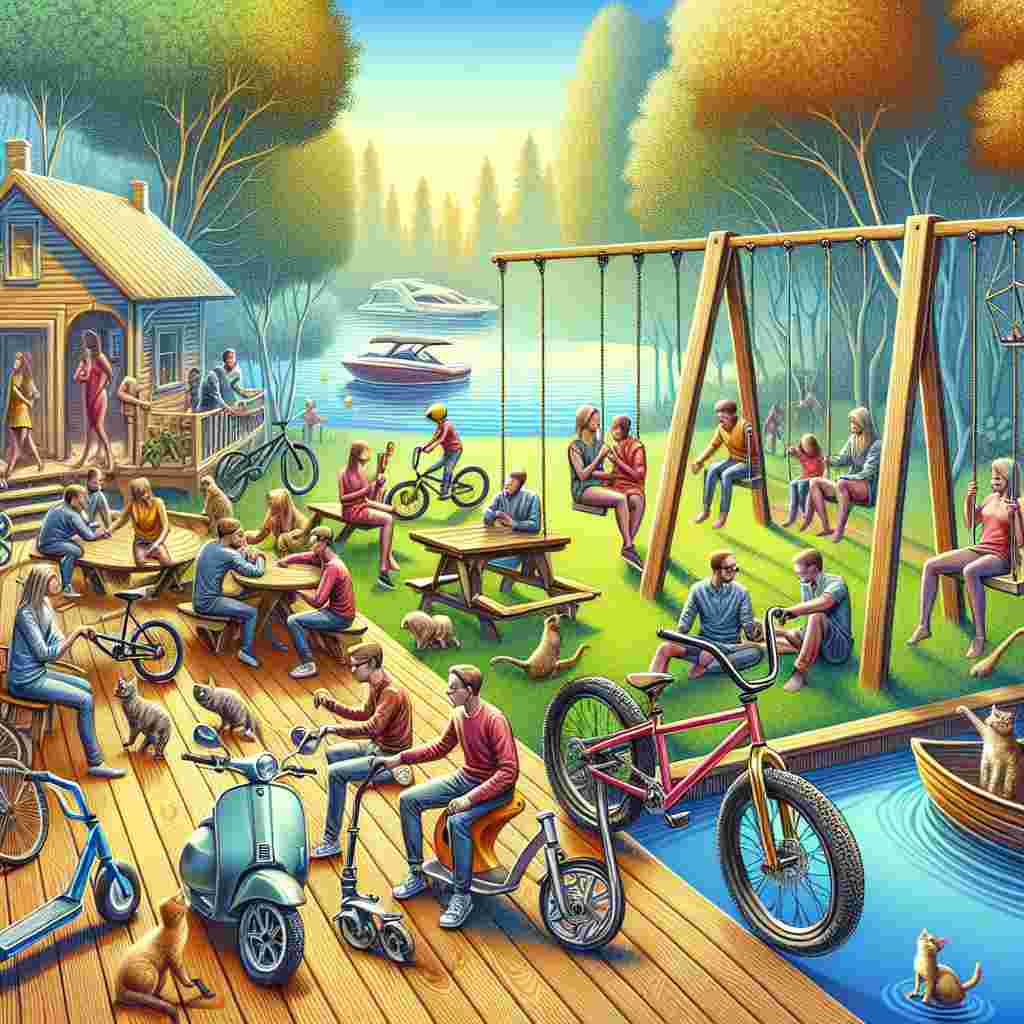Depict a lively outdoor birthday gathering surrounded by nature. Imagine mountain bikes, BMX cycles situated near swing sets, symbolizing adventure and enthusiasm. Friends of varying descents and genders are deeply engaged in discussions about engineering achievements, creating an atmosphere of intellect and camaraderie. This human interaction harmonizes with the presence of scooters and cycles, evoking a sense of synergy. Curious cats wander the scene, adding a touch of whimsy and charm. In the nearby lake, boats are moored, hinting at tranquil escapades and offering a contrasting calmness to the energetic birthday vibes.
Generated with these themes: Mountain bikes, Scooters, Bmx, Friends , Engineering, Cats, Swings, Outside, and Boats.
Made with ❤️ by AI.