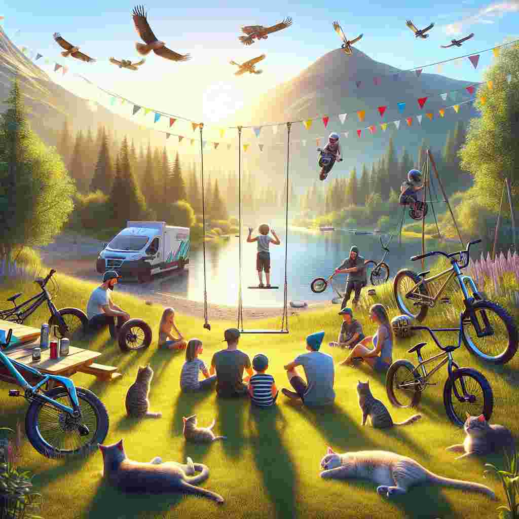Create an image that captures a heartwarming birthday scene in the great outdoors. In this scene, both mountain bikes, known for their rugged design, and sleek, modern scooters are beautifully arranged around the gathering. A diverse group of friends are involved in pleasant conversations about engineering wonders, their camaraderie reflecting the steadfast configuration of the spokes in the BMX bikes close by. Sunlit grass hosts languid cats stretching nonchalantly, now and again glancing towards the swings from which children's laughter echoes. On the tranquil surface of a nearby lake, boats gently bob up and down, their existence adding the final picturesque touch to this adventure-filled birthday celebration.
Generated with these themes: Mountain bikes, Scooters, Bmx, Friends , Engineering, Cats, Swings, Outside, and Boats.
Made with ❤️ by AI.