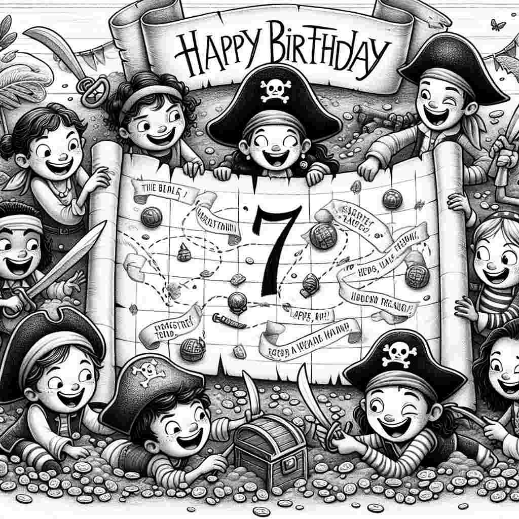 A playful sketch of a pirate treasure map, with a prominent 'X' marking the 17th treasure spot. Around the 'X', cartoonish kids in pirate attire are digging with excitement. On the top corner of the map, a parchment scroll unfurls with the text 'Happy Birthday' penned in a swashbuckling script.
Generated with these themes: 17th kids  .
Made with ❤️ by AI.