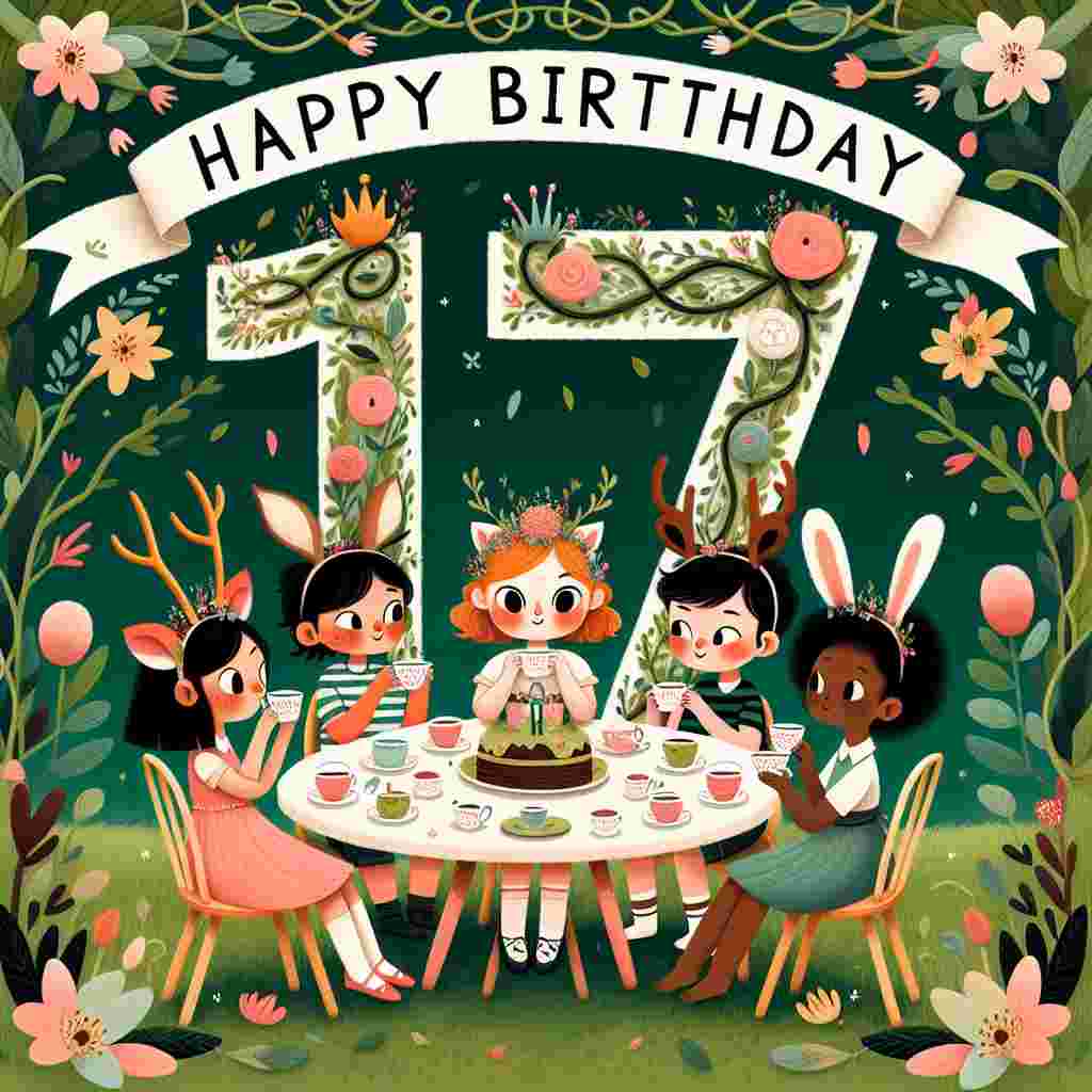 A charming illustration of a fantasy tea party in a lush garden where the table is set in the shape of the number '17'. Several kids with animal ear headbands are seated around, sipping from tiny cups. In the background, 'Happy Birthday' is spelled out with flowers and vines intertwining amongst the letters.
Generated with these themes: 17th kids  .
Made with ❤️ by AI.