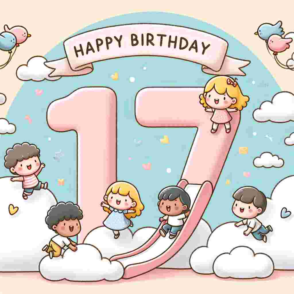 An adorable scene set against a pastel sky background with clouds shaped like the number '17'. Little kids, drawn as cute caricatures, are laughing and playing around the numeral '17' which is fashioned into a makeshift playground slide. The words 'Happy Birthday' are inscribed on a banner held aloft by two cartoon birds at the top.
Generated with these themes: 17th kids  .
Made with ❤️ by AI.