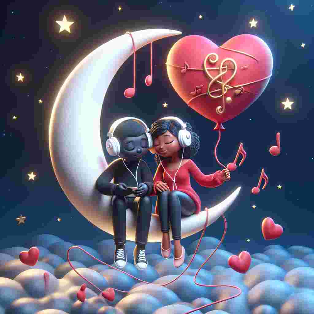 Render an illustration representing a charming Valentine's Day scenario. A delightful couple, one black woman and one Asian man, is perched on a crescent moon, their legs hanging off the edge whilst they share a pair of earbuds, entranced in their musical world. Close by, a heart-shaped balloon gently floats, its string twined into musical notes and clefs, indicating the affectionate tune they are listening to. The area is engaged by a starry sea, casting a romantic luminescence. On the rim of the moon, a whimsical animal figure akin to a slinky cat, known as the 'slint', is coiled up.
Generated with these themes: Music, and Slint .
Made with ❤️ by AI.