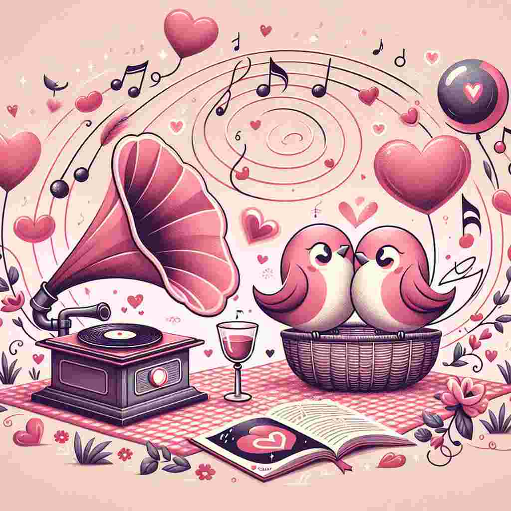 Create a Valentine's Day themed illustration showcasing a tender picnic ambiance with a charming pair of lovebirds circled by melodious tunes represented as swirling music notes. Include a retro gramophone at one end, signifying the source of their treasured love melody. Insert a playful musical symbol with a feline tail, portrayed as a cheeky slint, frolicking among the floating hearts and music symbols. Make sure the overall palette is saturated with soft pinks and intense reds to encapsulate the fidelity and ardor associated with Valentine's Day.
Generated with these themes: Music, and Slint .
Made with ❤️ by AI.