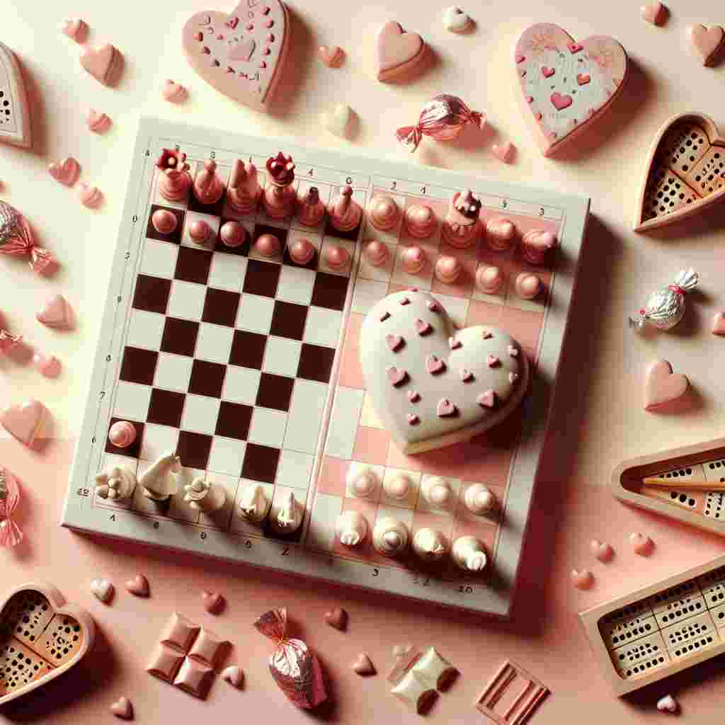 Generate an image that depicts a pastel-colored scene themed around Valentine's Day, with a focus on a cozy game night. The central elements of the scene are a whimsical chessboard and a cribbage board, both modified for the holiday. The chess pieces are uniquely decorated with tiny hearts, and the cribbage board is shaped like an oversize heart, signifying a two-player romantic game underway. Adding to the festive atmosphere, scattered around the game boards are pieces of artisanal chocolates, individually wrapped in foil that carries small love notes.
Generated with these themes: Chess, Cribbage, and Chocolate.
Made with ❤️ by AI.