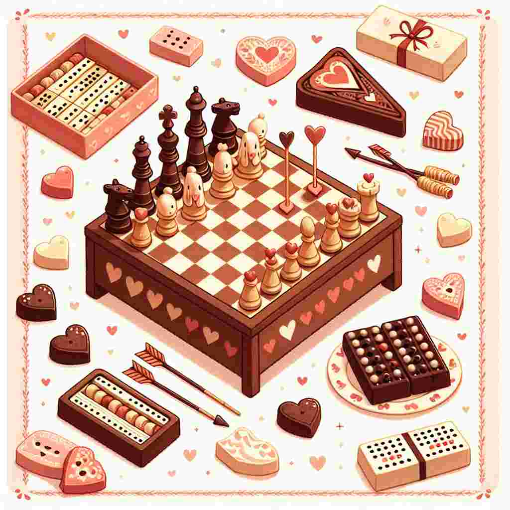 Illustrate a joyous Valentine's Day scene composed of joyful rivalry and delightful sweetness. At the center of the scene, a petite table with a chess set patterned with hearts is positioned, with the chess pieces engaged in a gentle hug. Next to it lies a cribbage board, distinguished by pegs shaped like Cupid's arrows. Interspersed amid the games is an assortment of finely made chocolates, subtly implying the precious shared experiences of this celebration.
Generated with these themes: Chess, Cribbage, and Chocolate.
Made with ❤️ by AI.