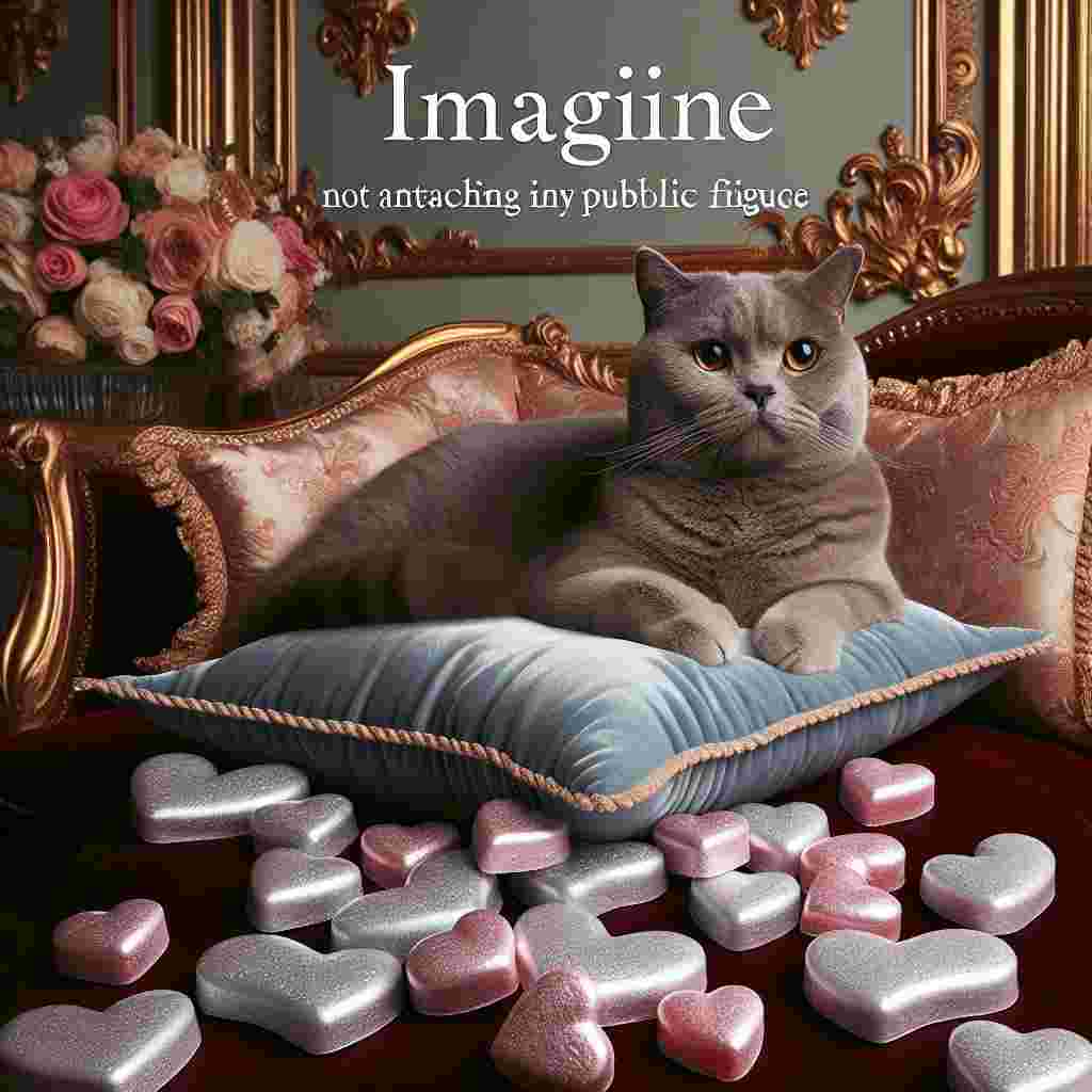 Imagine a charming Valentine's Day scenery featuring a grey cat named Uno comfortably resting on a plush velvet cushion. The background is ornate and emits a sense of opulence, borrowing stylistic cues from an upscale residence, but not attaching it to any public figure. Scattered on and around Uno are shimmering sweets molded into the shape of hearts, providing a delightful contrast between the playful candies and the grandiose colours and sophisticated scene.
Generated with these themes: Grey cat called Uno, Real Housewives of New Jersey, and Jelly.
Made with ❤️ by AI.