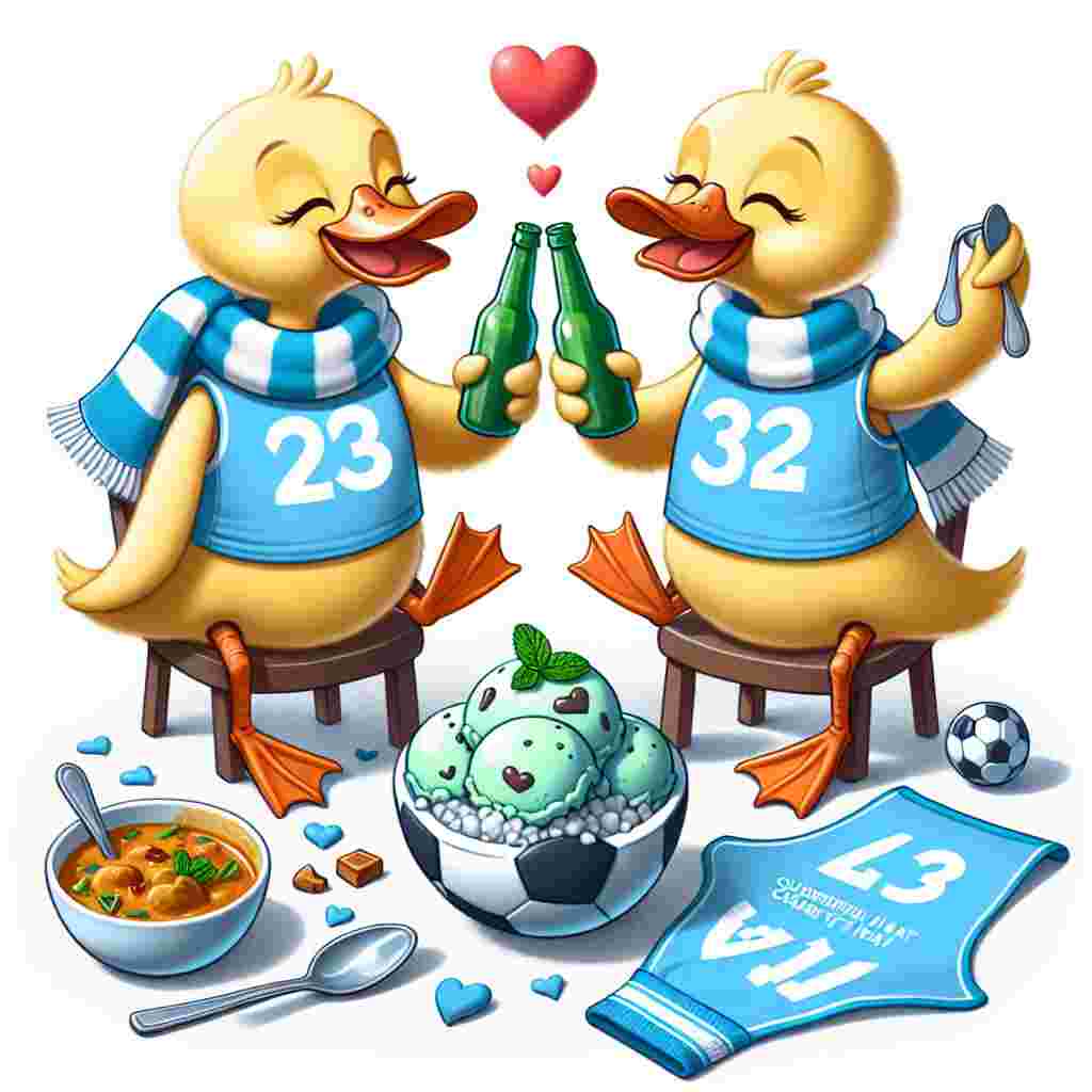 Create a charming illustration centered around Valentine's Day where two endearing ducks are on a delightful date. They are proudly wearing sky blue scarves, subtly signalling their enthusiasm for football. One can see them in the act of toasting with beer bottles, seated next to a creatively designed football morphed into the shape of a love heart. This scenario is unintentionally poetic as it parallels their fervent football fandom. Spotted around them are scoops of mint chocolate chip ice cream, a clever nod to a delectable dessert following their robust curry meal. Lying close by are running bibs with numbers shaped like hearts to mark their participation in a couple's run.
Generated with these themes: Ducks , Football , Beer , Manchester City , Mint chocolate chip ice cream , Running , and Curry .
Made with ❤️ by AI.