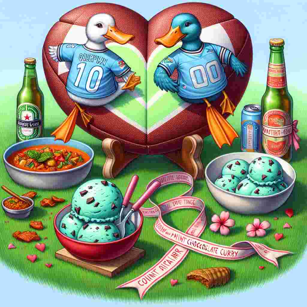 A heartwarming illustration for Valentine's Day shows two fanciful ducks, adorned in football jerseys of a popular sky blue team, perched on a football designed like a heart. The football heart is staged on a vibrant grassy turf that bears resemblance to mint chocolate chip ice cream, signifying the duo's united passion for the sport. In the front, a charming picnic arrangement is seen with a bowl full of aromatic, spicy curry and two bottles of chilled beer. Suggestive ribbons from a finish line tape conjure up images of the ducks' recent joint running adventure.
Generated with these themes: Ducks , Football , Beer , Manchester City , Mint chocolate chip ice cream , Running , and Curry .
Made with ❤️ by AI.