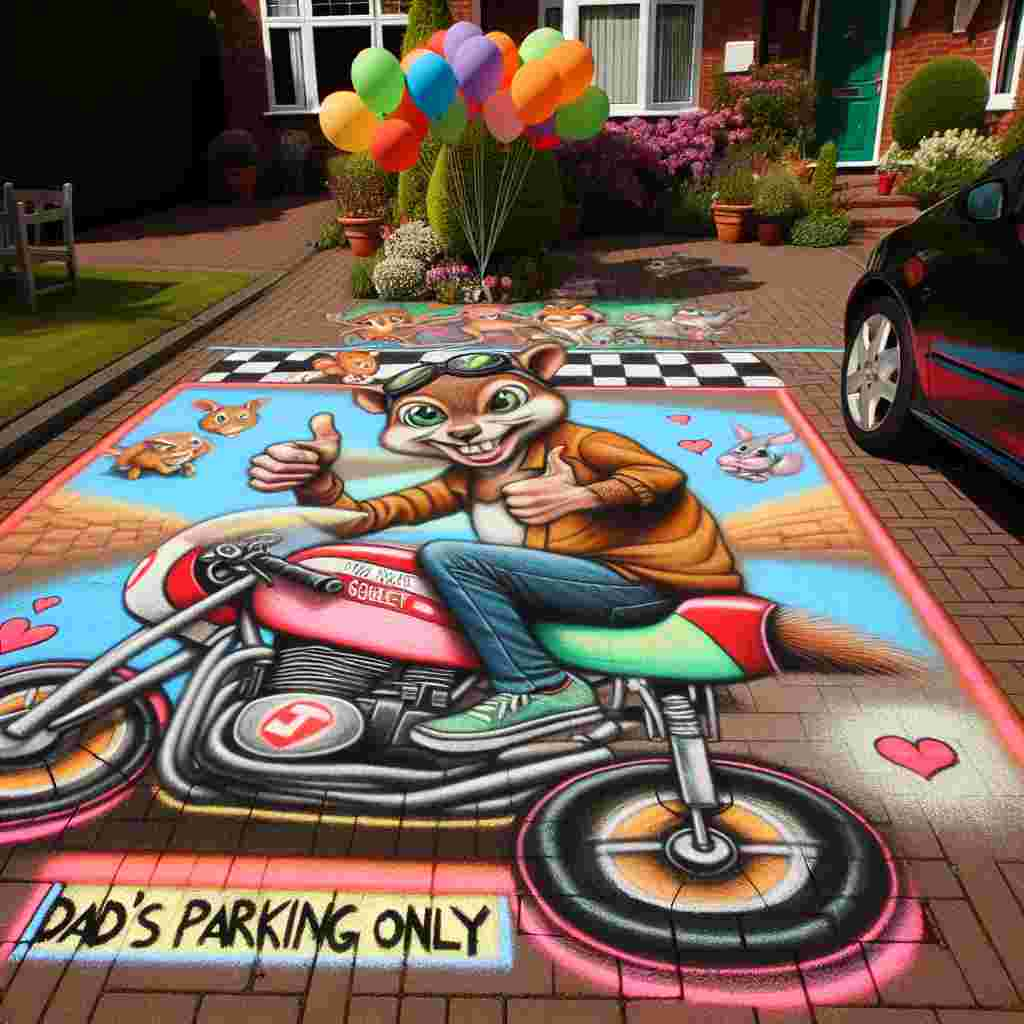 A bright and cheerful suburban driveway in daylight. The main attraction is the vibrant chalk art on the pavement - a witty depiction of a motorbike race. The racers are humorously rendered animals caricatured on bikes, with vivid balloons attached to the handlebars. Near the whimsical art, 'Dad's Parking Only' is humorously chalked onto the pavement. Tucked in a corner, there is a playful squirrel, projected as if wearing a drawn-on rider's jacket, flashing a thumbs-up pose, and speaking through a chalk-drawn speech bubble filled with hearts and the word 'Dad!'
Generated with these themes: Motorbikes.
Made with ❤️ by AI.