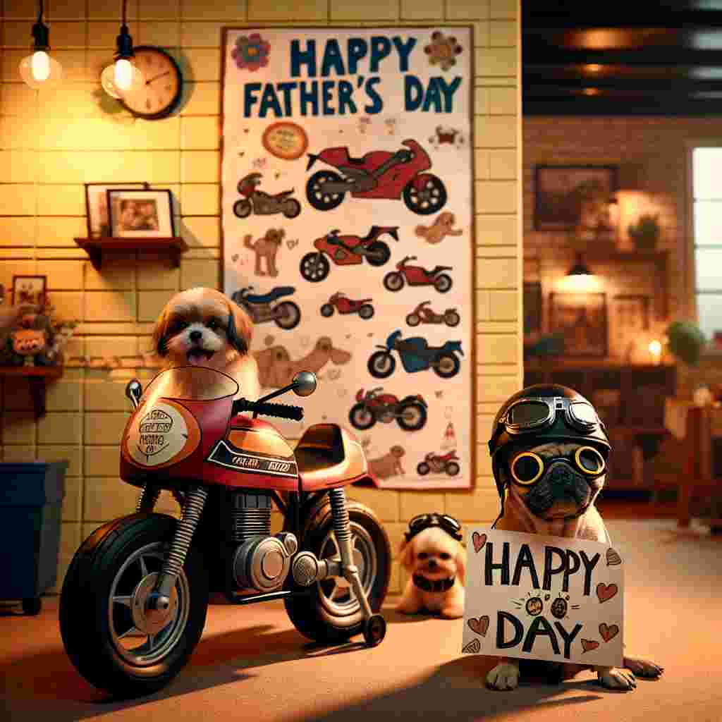 Visualize an indoor scene taking place in a warmly illuminated garage. The main focus is a child-sized motorbike decorated with a 'Happy Father's Day' placard. A collage of child-drawn pictures of different motorbikes is displayed on the wall behind, adding a playful atmosphere. A family pet, possibly a dog or a cat, is seen beside the miniature motorbike adding a touch of humor. The pet is dressed in oversized motorcycle goggles and sporting a makeshift helmet, giving the impression of being prepared for a whimsical journey.
Generated with these themes: Motorbikes.
Made with ❤️ by AI.