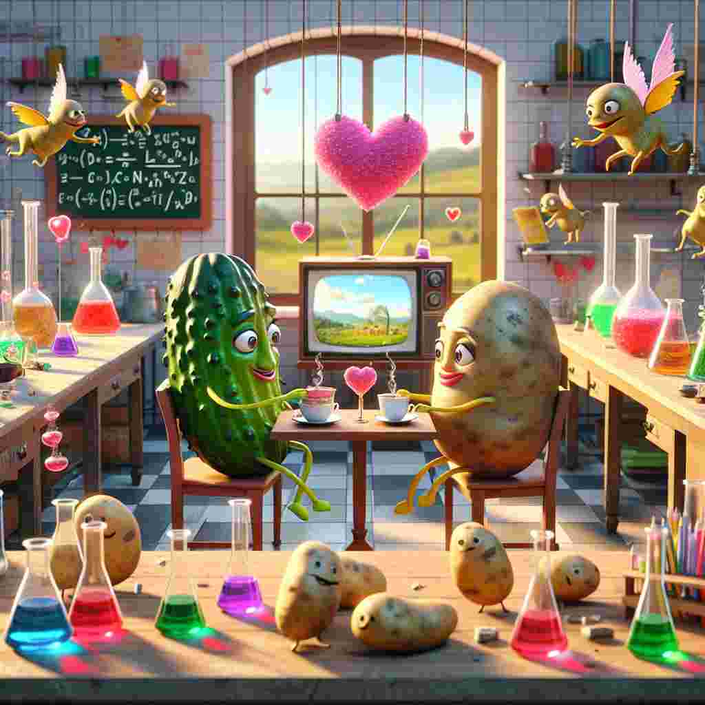 Depict a whimsical Valentine's Day scene in a surreal animated cartoon style. Two humanoid pickle characters participate in a romantic tea ceremony in the middle of a laboratory where beakers bubble with various colorful mixtures, symbolizing the science of love. Tiny lizards with wings like those of Cupid are dotted across the tables, writing equations that signify love on small chalkboards. Animated potatoes with friendly expressions watch through a heart-shaped window from a television set, which is playing a romantic comedy set in the scenic landscapes of New Zealand. The real-world charm from the TV mingles with the extraordinary cartoon world around it.
Generated with these themes: Gherkins, Tea, Science, Gekos, Potatoes, Tv, and New Zealand.
Made with ❤️ by AI.