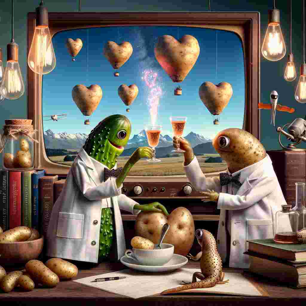 In this whimsical Valentine's Day-inspired image, a pair of gherkins wearing lab coats can be seen toasting with teacups brimming with a twinkling potion infused with love. Surrounding them, tiny geckos with an accent of formal bow ties swarm atop science textbooks and oddly potato-shaped vials, conducting unusual experiments on heart-shaped tubers. The backdrop of the scene is dominated by a television set, showcasing a romantic, adventurous journey in a hot air balloon soaring over the breathtaking landscapes of New Zealand, injecting an air of adventure and caprice to the eccentric and charming tableau.
Generated with these themes: Gherkins, Tea, Science, Gekos, Potatoes, Tv, and New Zealand.
Made with ❤️ by AI.