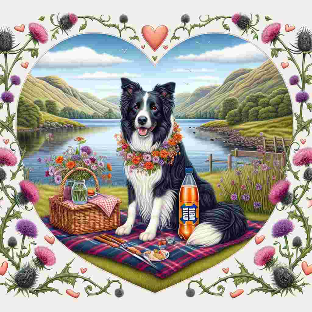 Generate a charming Valentine's Day-themed illustration featuring a charming border collie. The dog is wearing a collar made of vibrant wildflowers native to the Lake District, lending an air of charm to the scene. It sits serenely by the side of a peaceful lake, with the gentle waters and undulating hills embodying the spirit of the region. Beside the canine, there's a picnic site set with a traditional tartan blanket, featuring a cooling bottle of Irn Bru, infusing a whimsical touch to the romantic event. Elegant thistles intertwined with hearts cover the border of the illustration, fashioning a fanciful frame for this picturesque moment.
Generated with these themes: Border collie, Irn bru, and The Lake District.
Made with ❤️ by AI.