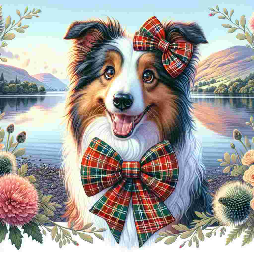 Create a heartwarming Valentine's Day scene based in the scenic Lake District. The image should showcase a joyful border collie with enticing eyes, holding a tartan-patterned bow, indicative of its Scottish origins. The background should be filled with the serene beauty of the lake, subtly reflecting the soft colors of the setting sun. The border collie is adorably holding a bottle of a popular orange-hued Scottish soda, representing love and the unique blend of Scottish culture. The whole scene should be embraced by a delicate floral border, with added thistles to align with the overall romantic theme.
Generated with these themes: Border collie, Irn bru, and The Lake District.
Made with ❤️ by AI.