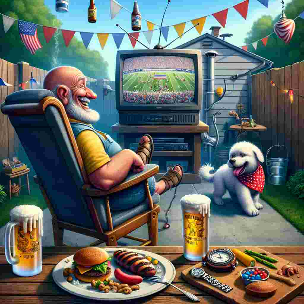 Visualize an animated backyard scene depicting the concept of Father's Day. A sizable, vacant chair serves as a hint of a jovial, bald, and robust cartoon character with a charming beard, although he's not present in the scene. The television in front displays a broadcast of an ongoing football match. Mementos around hint at the character's presence: a frost-coated beer mug imprinted with amusing caricatures, a casually strewn wristwatch adjacent to a dish of semi-consumed barbecue delicacies, and a sprightly white dog adorned with a bandana, occupied in a lively tail-chasing game. Overhead, festoons and pennants interweave in a cheerful display. The aroma of sizzling food wafts through the air, pairing with the ebullient barks of the dog and televised cheers to create a symphony of paternal celebration.
Generated with these themes: Beer, Watching football, Eating, White dog, Beard, Bbq, and Bald fat man.
Made with ❤️ by AI.